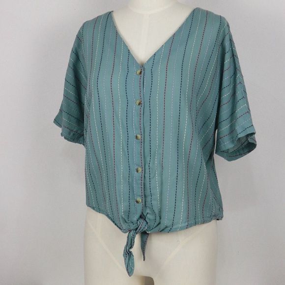 Falls Creek Light Teal Blue Button Down Embroidered Short Sleeve Blouse XL - Picture 5 of 10